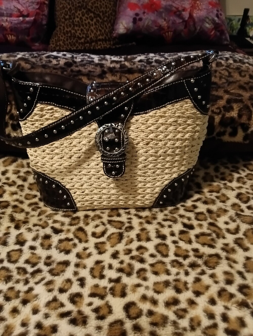 Brighton Cream Straw Shoulder Bag with Black Trim and Buckle